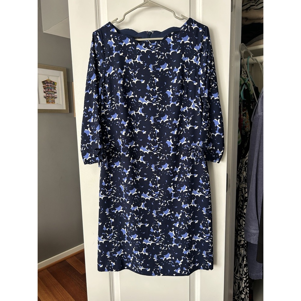 Talbots Blue Floral Scalloped Neck Sheath Dress Tie 3/4 Sleeve Workwear Size 8